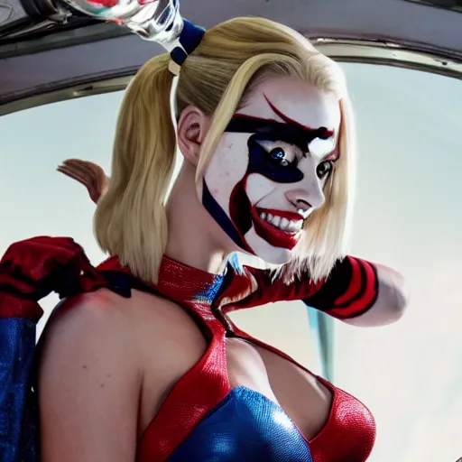 Image similar to photo of Margot Robbie as Harley Quinn floating in the iss, highly detailed skin and face, 8k