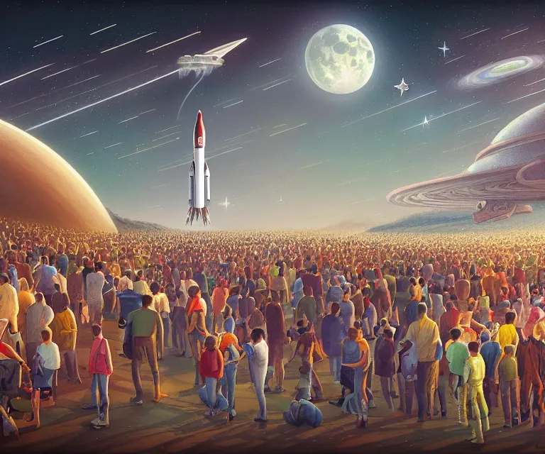 Image similar to hyper detailed 3d render like a Oil painting - crowds gather at a spaceport on a beautiful faraway planet to watch a rocket blast off, large moon in the dramatic starry alien sky, retrofuturistic science fiction vibe, by Jacek Yerka, Mariusz Lewandowski, Houdini algorithmic generative render, Abstract brush strokes, Masterpiece, Edward Hopper and James Gilleard, Zdzislaw Beksinski, Mark Ryden, Wolfgang Lettl, hints of Yayoi Kasuma, octane render, 8k