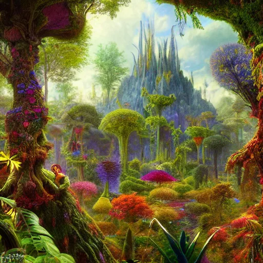 Prompt: a beautiful and highly detailed matte painting of a psychedelic palace in a magical fantasy forest garden, psychedelic flowers and trees, colorful vegetation, epic scale, insanely complex, hyperdetailed, sharp focus, hyperrealism, artstation, cgsociety, 8 k, bright colors, by caspar friedrich, albert bierstadt, james gurney, brian froud,
