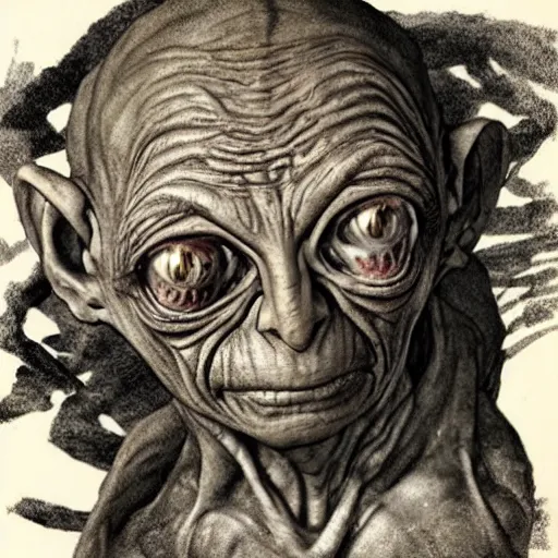 Prompt: very old gollum from lord of the rings, falling apart