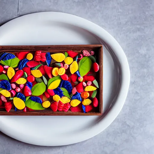 Image similar to beautiful photo of a rowing boat made from fruit pieces on a white plate, dslr