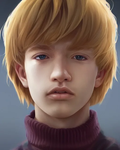 Prompt: portrait of 1 5 - year - old boy with blonde hair, round - face, with long toothed, hyper realistic face, beautiful eyes, character art, art by artgerm lau and wlop and and ilya kuvshinov and john singer sargent, hyperdetailed, symmetrical, cryengine, trending on artstation, digital art