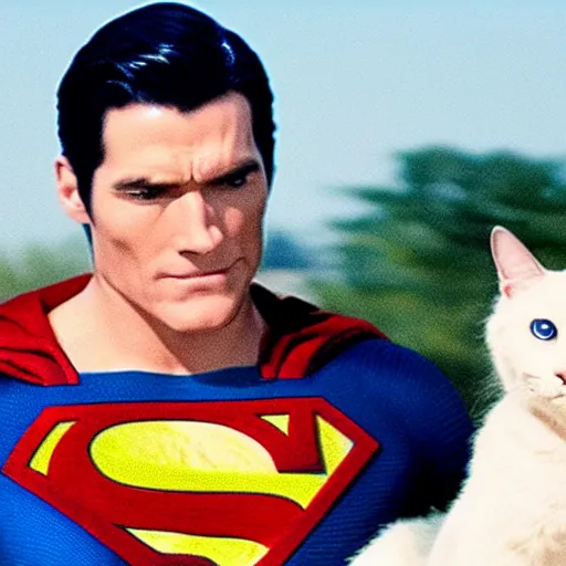 Image similar to movie still of superman with a cat head, 8 k, dof, film grain