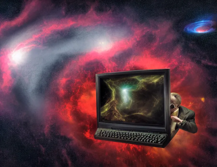 Image similar to a high resolution color photo of a sad man being strangled by the collapse of the universe while in a black hole on a vintage computer screen, burning building, storm, fire, earthquake, debris