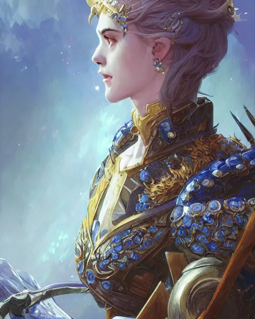 Image similar to Portrait of a Fantasy azure knight, moonlit, HD, illustration, epic, D&D, fantasy, intricate, elegant, highly detailed, digital painting, artstation, concept art, smooth, sharp focus, illustration, art by artgerm and greg rutkowski and alphonse mucha, monster hunter illustrations art book