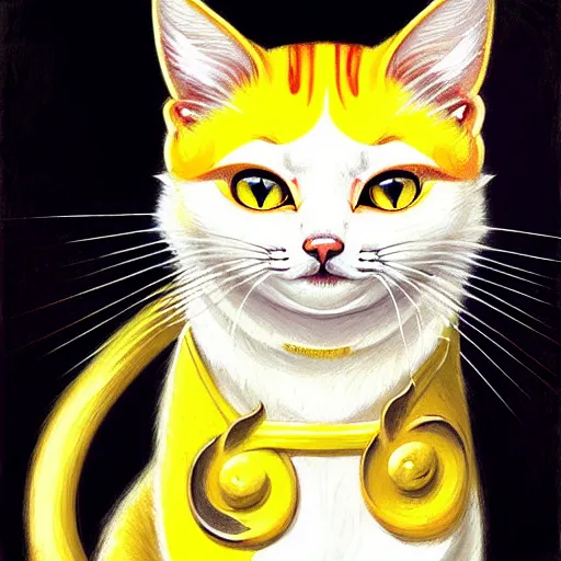 Prompt: painting of a cute white ( okami style ) ( ( kitsune ) ) cat zen master with yellow patterns, plain white background, no people, art by jc leyendecker, phil hale, angular, brush strokes, painterly, crisp, portrait of a cat, cat portrait painting