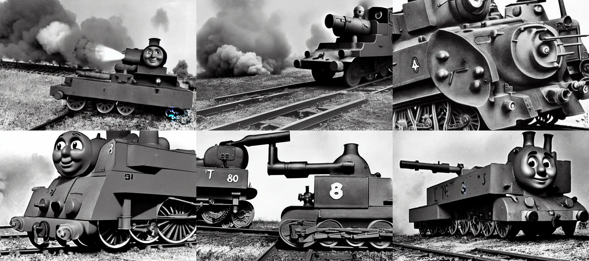 Image similar to WW2 era photograph, the face of Thomas the tank engine on a 800mm German super-heavy-mortar with a huge gun barrel shooting