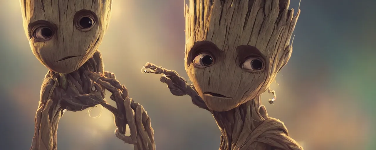 Image similar to duotone concept illustration 3 / 4 portrait of baby groot wearing cannabis hat, hemp, marijuana!, cinematic volumentric lighting, jim cheung, david marquez, mike deodato jr, ilya kuvshinov, makoto shinka, behance hd by jesper ejsing, by rhads, hyper detailed, octane render, concept art, artstation