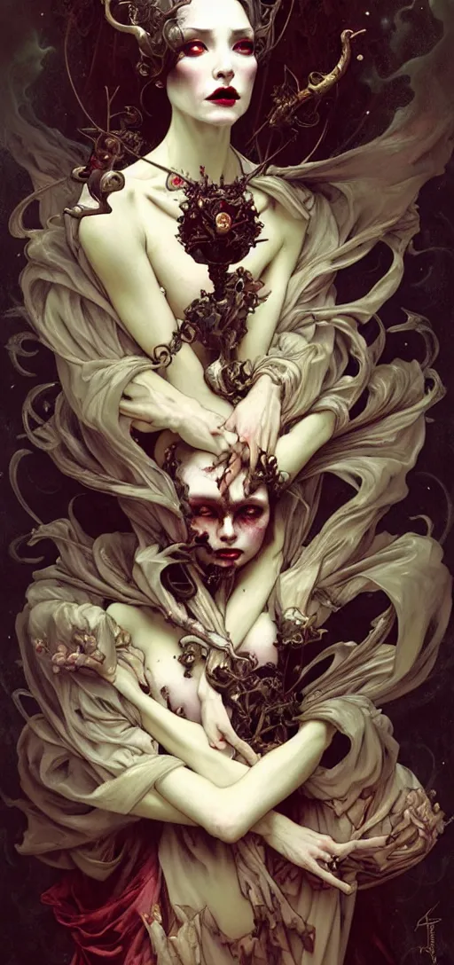 Image similar to baroque oil painting of full body vampire princess portrait, by nekro, peter mohrbacher, alphonse mucha, brian froud, yoshitaka amano, kim keever, victo ngai, james jean