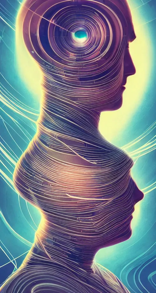 Image similar to art deco close up portait of head surrounded by spheres, like a dream digital painting curvalinear clothing cinematic dramatic fluid lines otherworldly vaporwave interesting details epic composition by artgerm