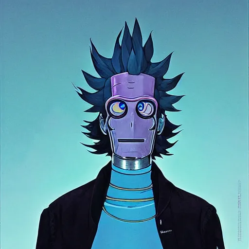 Image similar to bender futuristic rick sanchez futurama portrait by charles vess and james jean and erik jones and rhads, inspired by ghost in the shell, beautiful fine face features, intricate high details, sharp, ultradetailed