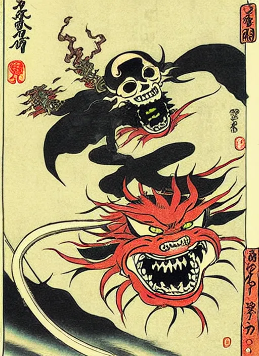 Image similar to ghost rider as a yokai illustrated by kawanabe kyosai and toriyama sekien