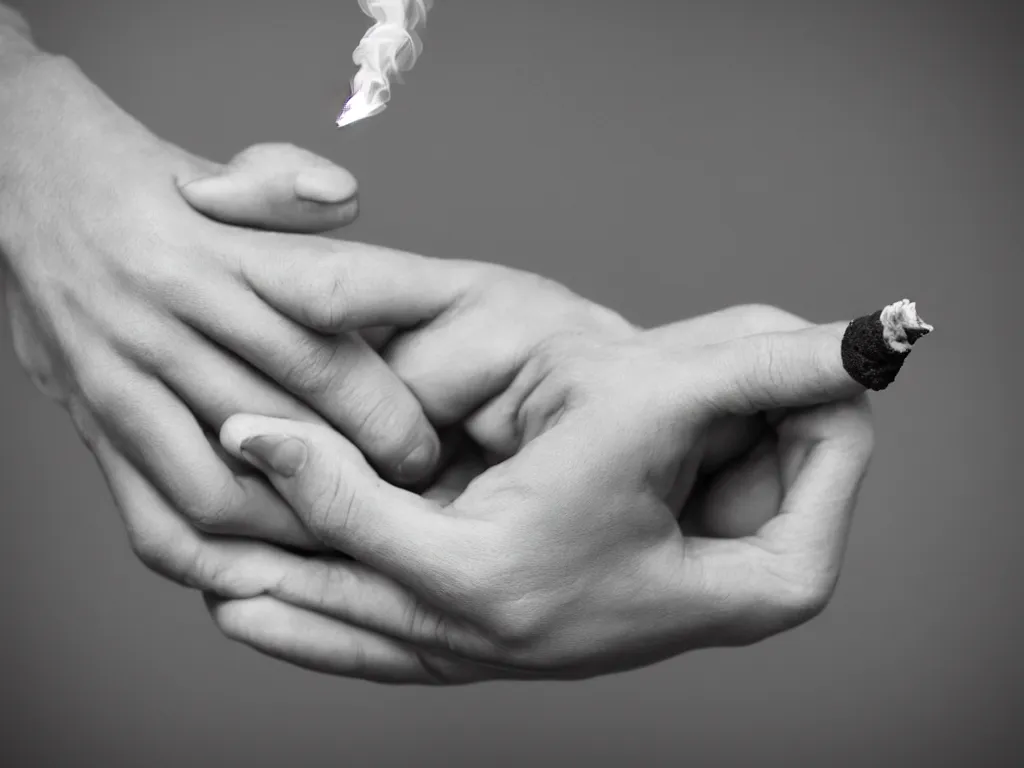 Prompt: Close-up view of hyperrealistic thin soft hand holding cigarette with smoke, photo by Tim Booth, 4K