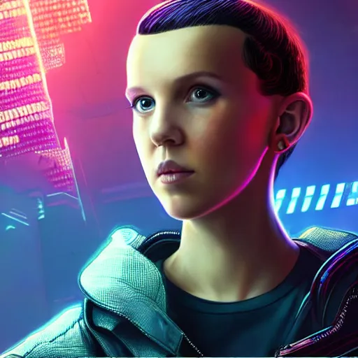 Image similar to Millie Bobby Brown in Cyberpunk 2077 by RossDraws