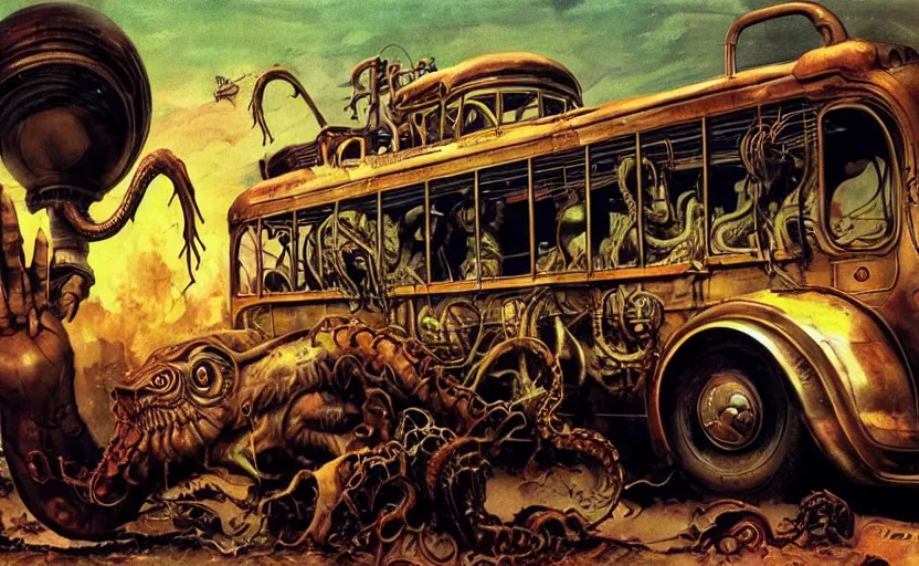 Image similar to cthulhu devouring a steampunk school bus. highly detailed science fiction painting by norman rockwell, frank frazetta, and syd mead. rich colors, high contrast, gloomy atmosphere, dark background. trending on artstation