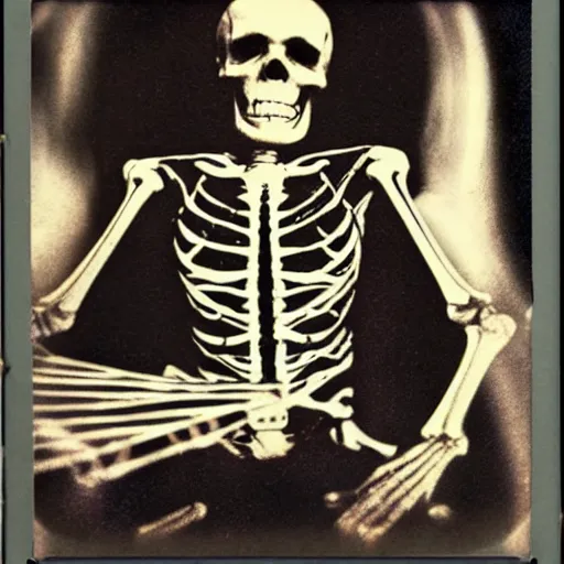 Image similar to skeleton drummer, wild, flash polaroid photo,