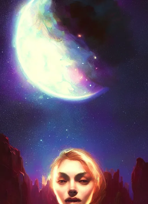 Image similar to an giant face in space, stars, glowing, space, dark, beautiful, fine details. night setting. realistic shaded lighting poster by craig mullism, artgerm, jeremy lipkin and michael garmash, unreal engine, radiant light, detailed and intricate environment, digital art, trending on art station,