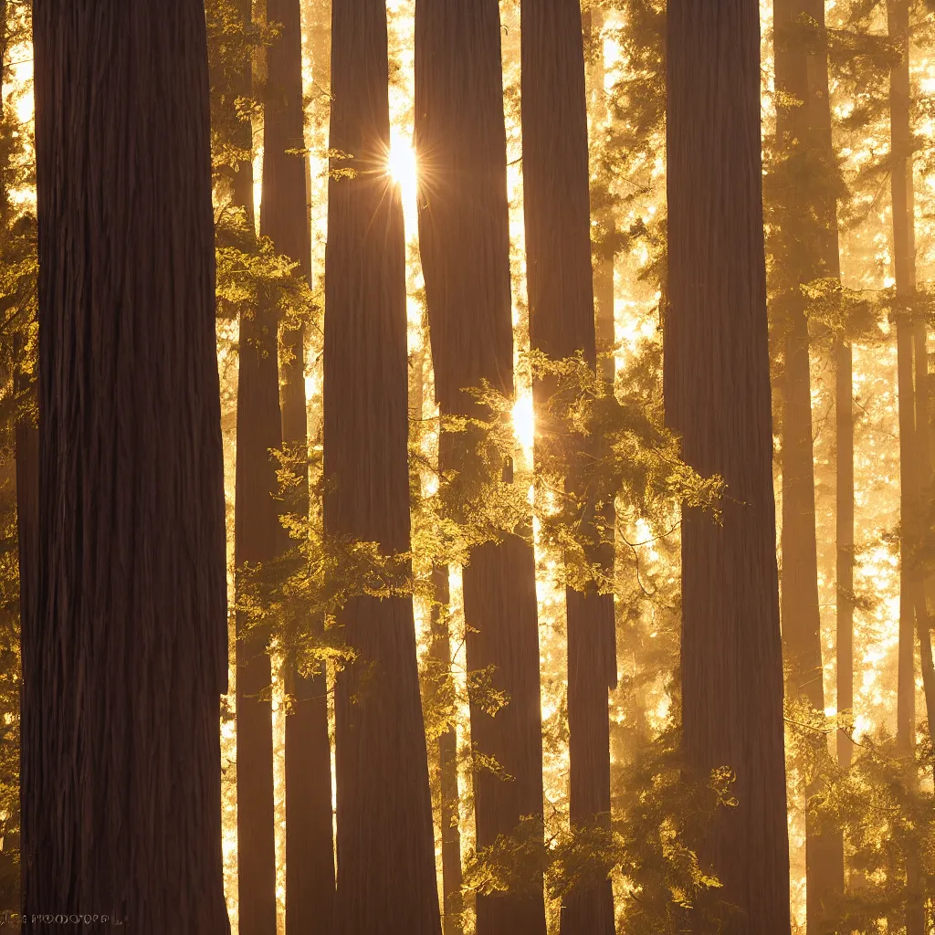 Prompt: bigfoot walking in the california redwoods, golden hour, illuminated fog, award winning photography, 2 0 0 mm, f 2. 8, 8 k