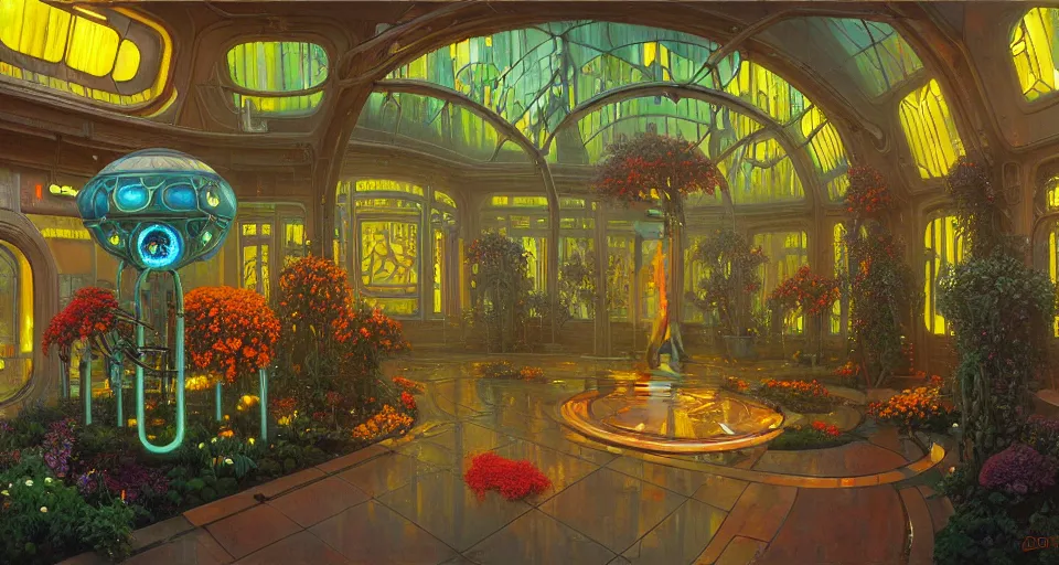 Prompt: a bright minimalist bioluminescent oil painting by donato giancola, warm coloured, cinematic scifi luxurious futuristic foggy steam filled victorian garden circular shopping mall courtyard with microscopy stained glass flowers growing out of pretty bulbous ceramic fountains, gigantic pillars and flowers, maschinen krieger, beeple, star trek, star wars, ilm, atmospheric perspective