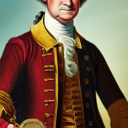 Image similar to a closeup photorealistic illustration of a happy George Washington holding wearing a chain around his neck with a small gold Doubloon coin as a necklace. This 4K HD image is Trending on Artstation, featured on Behance, well-rendered, extra crisp, features intricate detail and the style of Unreal Engine.