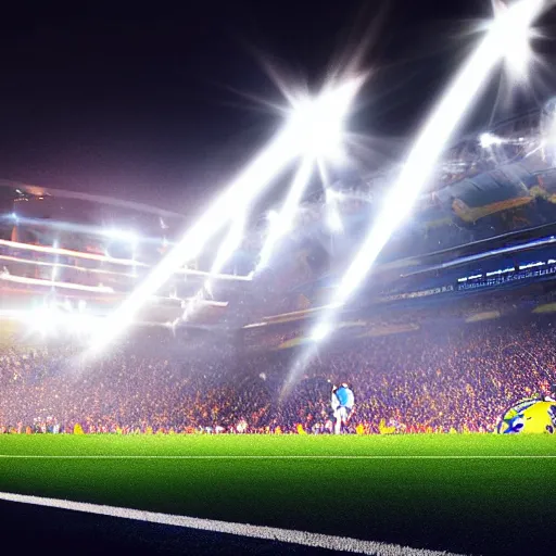 Prompt: realistic 4 k football arena real madrid vs barcelona rain sun lensflare wide
