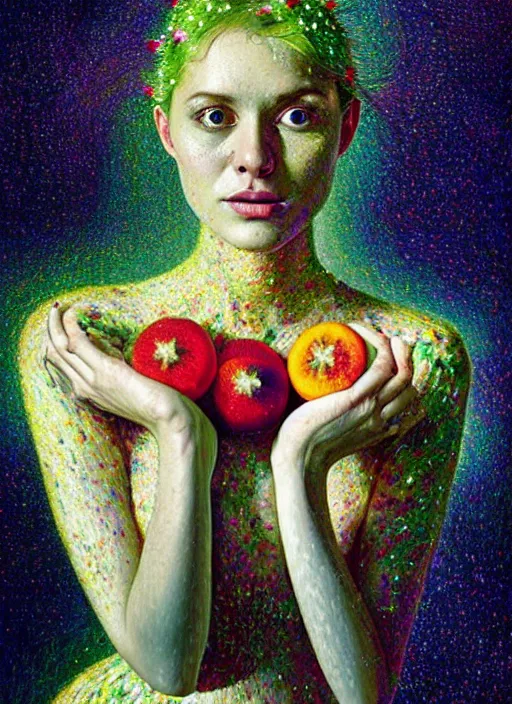 Image similar to hyper detailed 3d render like a Oil painting - Aurora (Singer) Eats of the Strangling Fruit and Her delicate Hands hold of gossamer polyp blossoms bring iridescent fungal flowers whose spores black the foolish stars by Jacek Yerka, Mariusz Lewandowski, Houdini algorithmic generative render, Abstract brush strokes, Masterpiece, Edward Hopper and James Gilleard, Zdzislaw Beksinski, Mark Ryden, Wolfgang Lettl, hints of Yayoi Kasuma, octane render, 8k