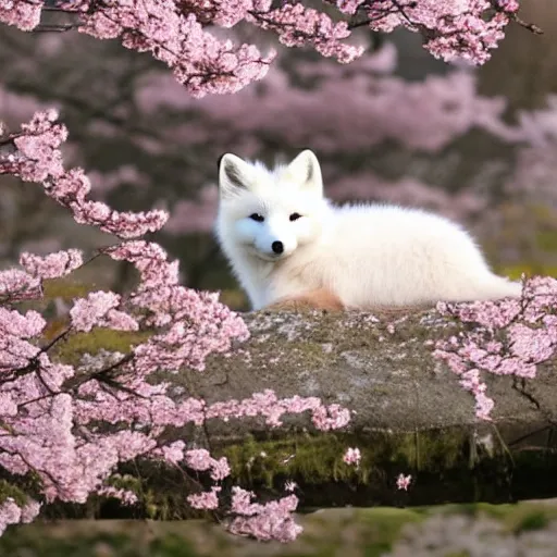 Prompt: cute white fox under a sakura tree with kyoto in the background