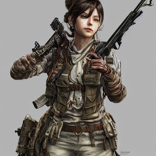 Image similar to the portrait of lawful neutral semi - colorful female infantry sniper as absurdly beautiful, gorgeous, elegant, young woman looking up, an ultrafine hyperdetailed illustration by kim jung gi, irakli nadar, intricate linework, bright colors, octopath traveler, final fantasy, unreal engine 5 highly rendered, global illumination, radiant light, detailed and intricate environment