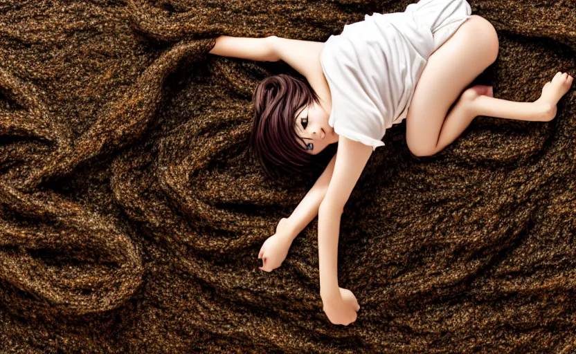 Image similar to very cute anime girl that is rolled up in dried seaweed, full body, head sticking out, cinematic wallpaper, highly detailed, clear, sharp, 4 k, 8 k