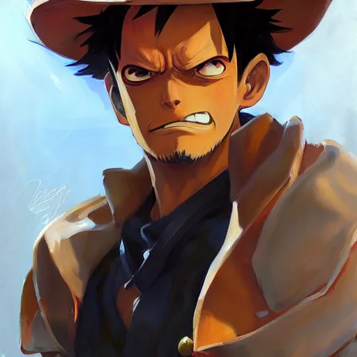 Image similar to greg manchess portrait painting of luffy as overwatch character, medium shot, asymmetrical, profile picture, organic painting, sunny day, matte painting, bold shapes, hard edges, street art, trending on artstation, by huang guangjian and gil elvgren and sachin teng