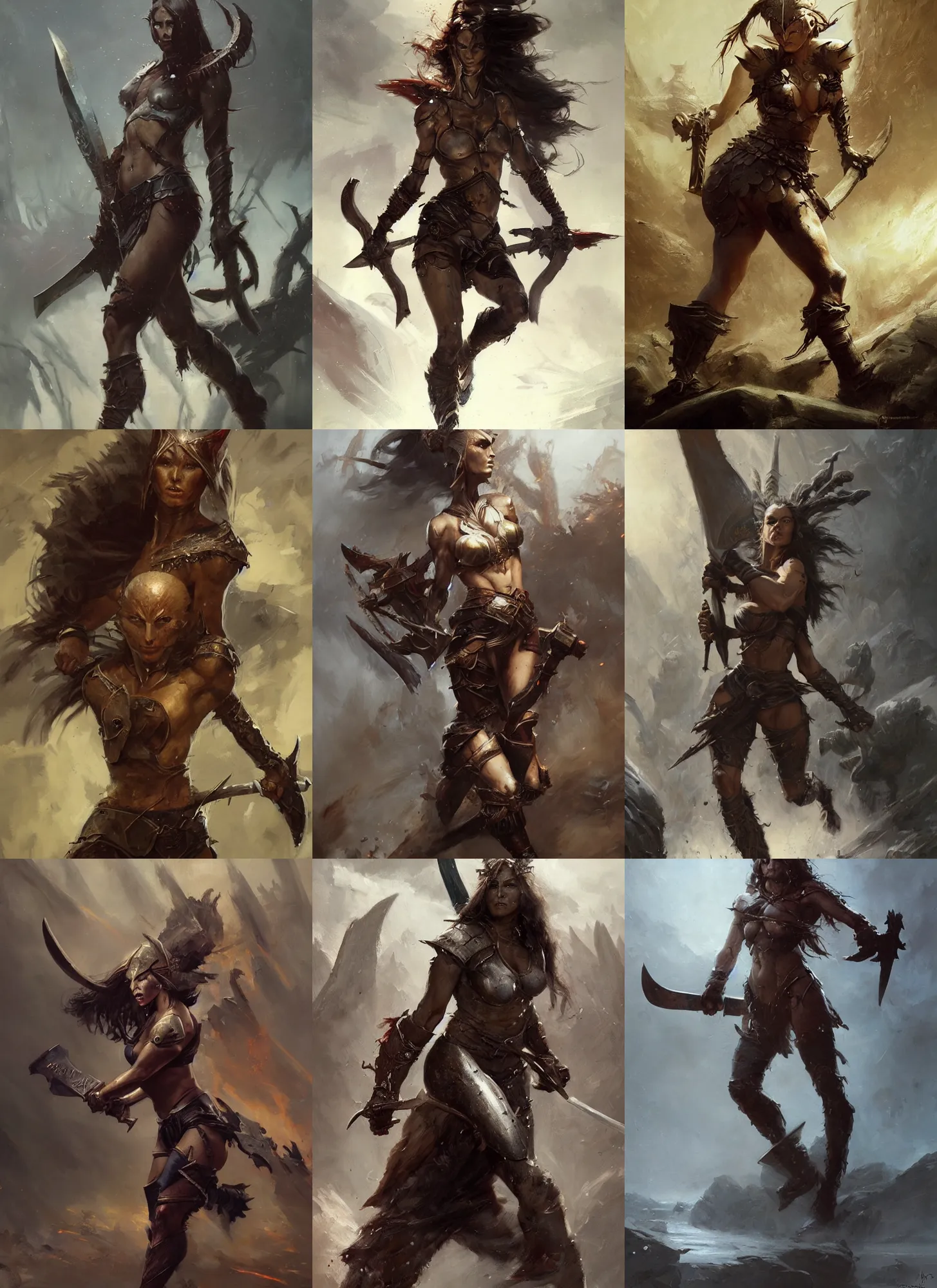 Prompt: A full portrait oil painting of a berserker woman holding a claymore and running, by Greg Rutkowski, Frank Frazetta, epic fantasy character art, elven armor, Exquisite detail, post-processing, low angle, masterpiece, cinematic