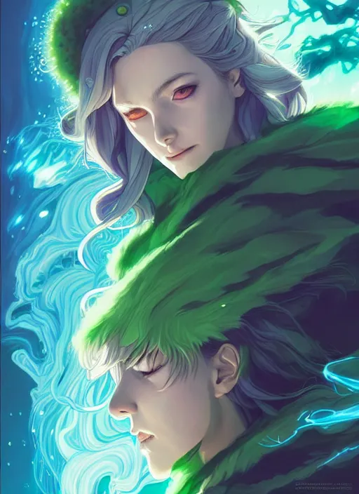 Image similar to style artgerm, joshua middleton, illustration, john krasinski as druid wearing green pelt light armor, anime eyes, blue hair, swirling water cosmos, fantasy, dnd, cinematic lighting