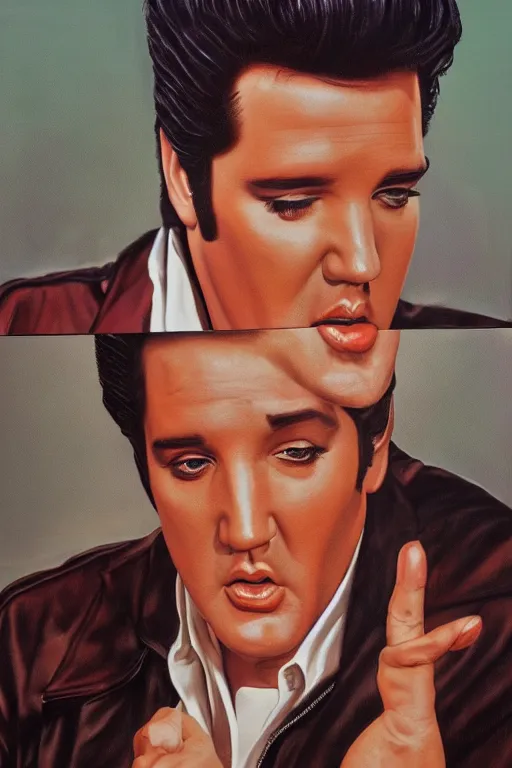 Image similar to elvis presley starring as jerry seinfeld on seinfeld, oil on canvas, intricate, portrait, 8 k highly professionally detailed, hdr, cgsociety