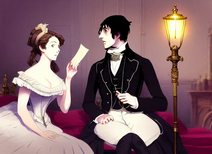 Prompt: victorian britain 1 8 3 6, wealthy couple william and fanny nightingale entertain numerous guests in english victorian manor, adolecent florence nightingale reciting poetry, lamp light, finely detailed perfect art, gapmoe yandere grimdark, trending on pixiv fanbox, painted by greg rutkowski makoto shinkai takashi takeuchi studio ghibli