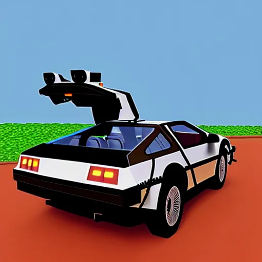 Prompt: back to the future delorean driving in old west, nintendo 6 4 screenshot, low poly, aliased