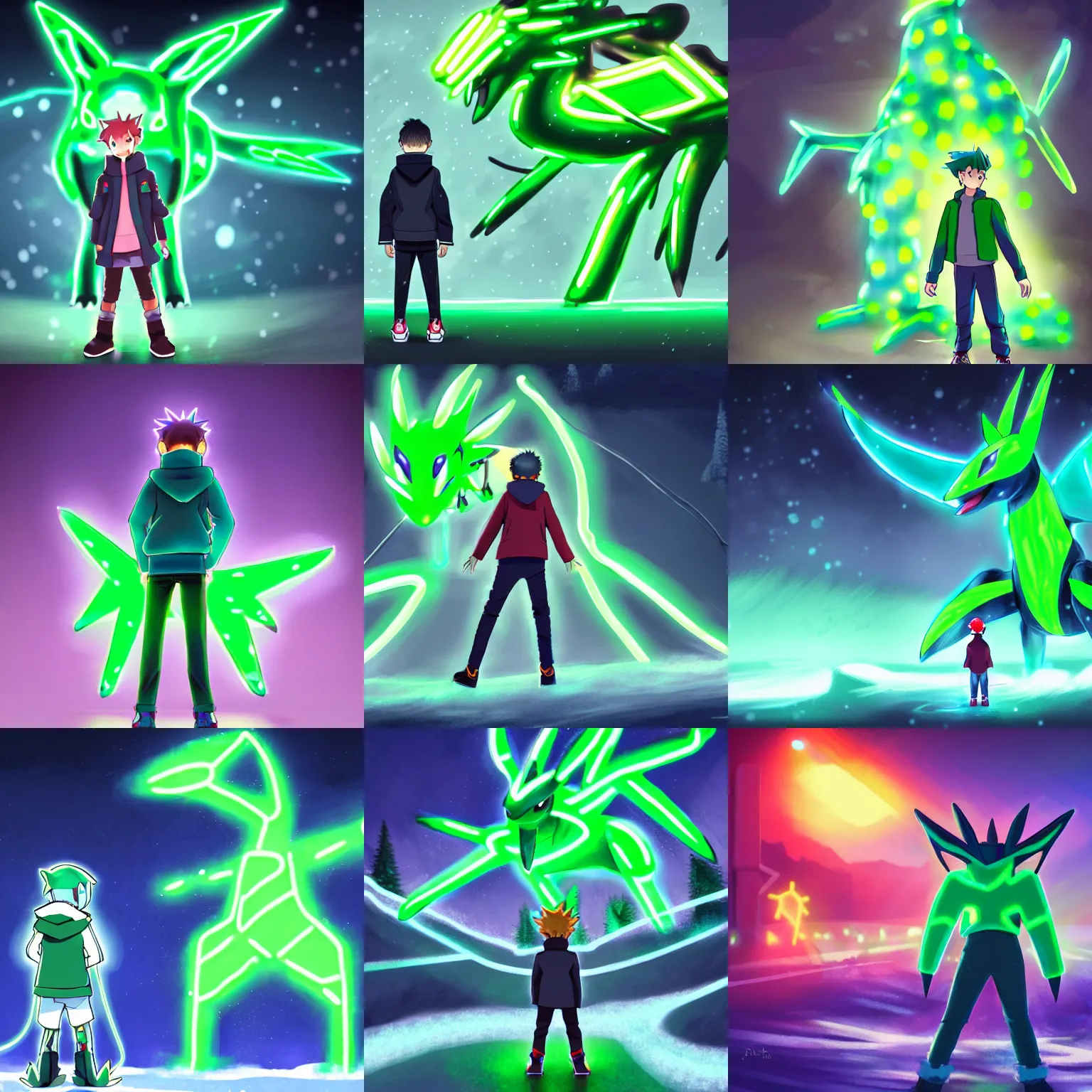 Prompt: a boy in winter clothing, standing in front of a big neon green dialga - pokemon, concept art, digital art, very detailed, anime, back - shot, pokemon, 8 k hd