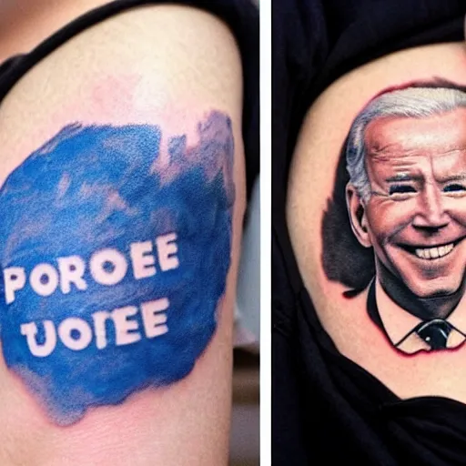 Prompt: tattoo of Joe Biden printed on a man’s arm