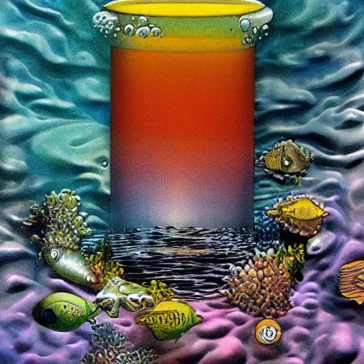 Image similar to the aquatic and majestic white knight, american beaker oceanography, by joe jusko and mark rothko, art on instagram, photo illustration an extreme wide shot of colorful matte black velvet roundler garden, by