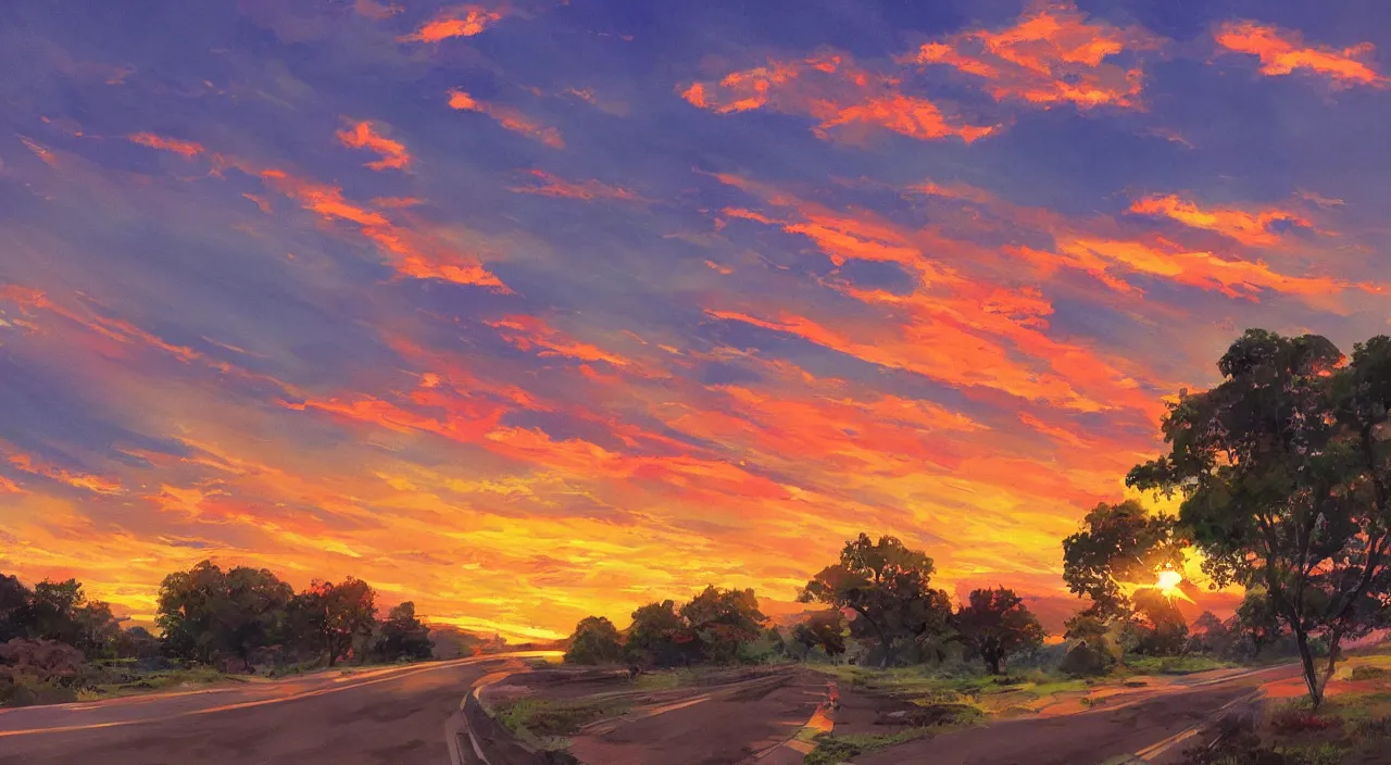 Prompt: rest stop road side south west sunset sky beautiful artstation 4 k breathtaking concept art illustration cartoon by jack kirby