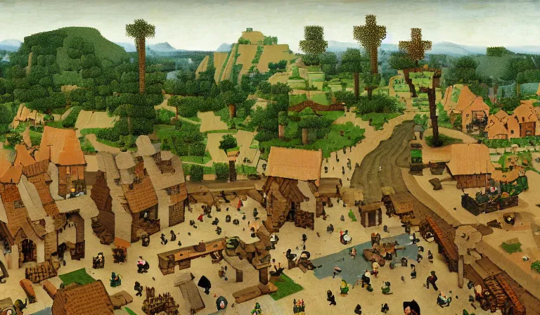 Image similar to a minecraft village, by pieter bruegel the elder