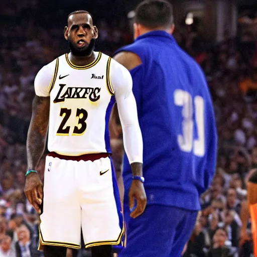 Prompt: lebron jame lost game, crying, ask his father for help, score in trash time