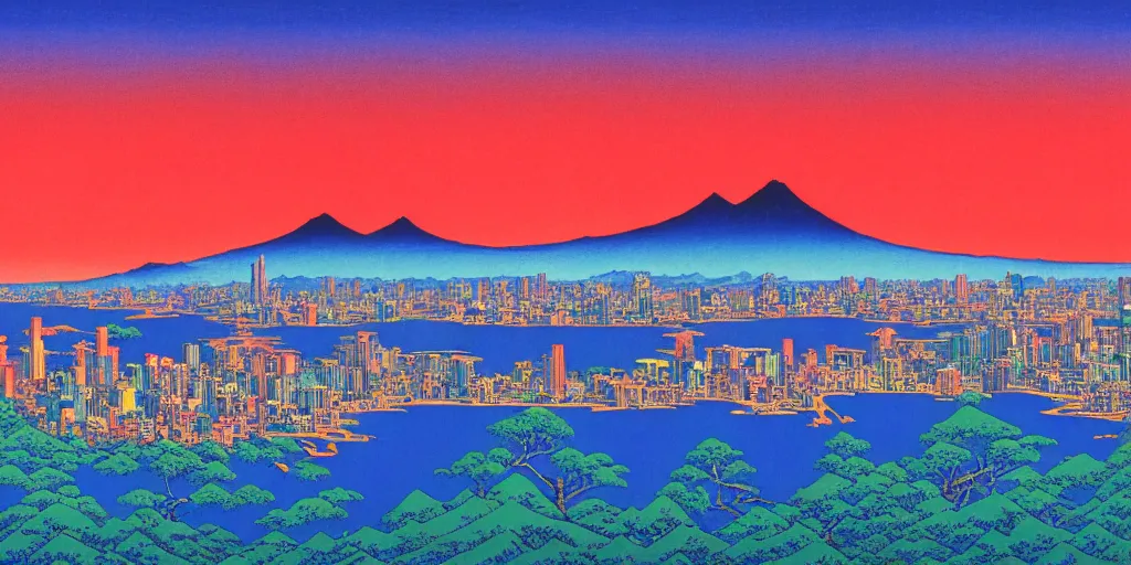 Image similar to skyline of a large metropolis, large mountain looming in the background, acid and dreaming psychedelic hallucinations, by kawase hasui, moebius and edward hopper, colorful flat surreal design, hd, 8 k, artstation