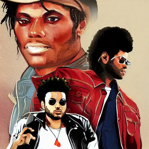 Prompt: the weeknd and michael jackson in the style of gta v artwork, digital art