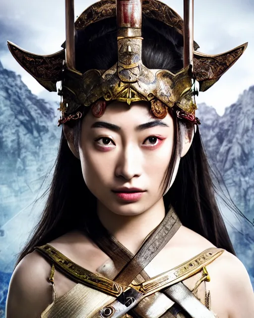 Image similar to suzu hirose as chinese warrior princess at the battle of helms deep, background: battle scene, clear makeup, clean hair, dry skin, clear skin, airbrushed, bright eye makeup, warrior body, photo by mario testino, 8k octane render, cinematic, hyper detailed, micro details, insanely detailed, trending on artstation, concept art