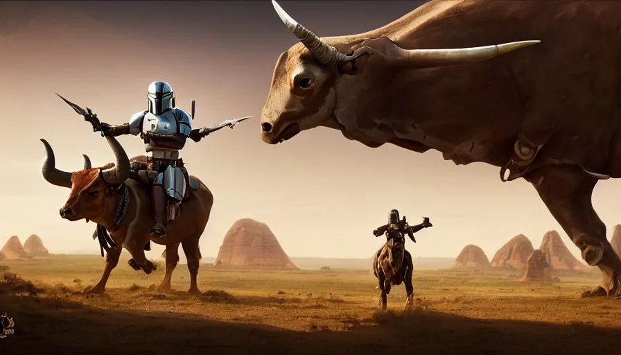 Prompt: mandalorian riding a bull alone, madagascar with baobabs trees in the background, action scene, an epic fantasy, artgerm and greg rutkowski and alphonse mucha, an epic fantasy, volumetric light, detailed, establishing shot, cinematic, photorealistic, hyper detailed, ultra realistic, trending on art station, octane render, midsommar