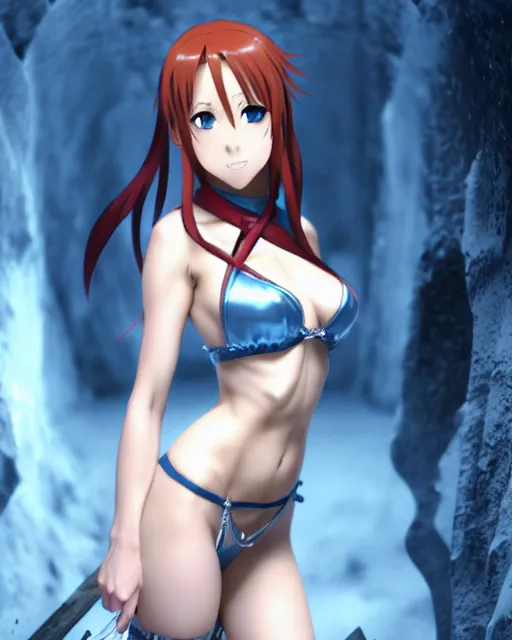 Prompt: pinup photo of asuna from sao in ice dungeon, asuna by a - 1 pictures, by greg rutkowski, gil elvgren, enoch bolles, glossy skin, pearlescent, anime, very coherent, maxim magazine, 3 d, vray, unreal 5, octave rendey, maya, cgsociety, dslr