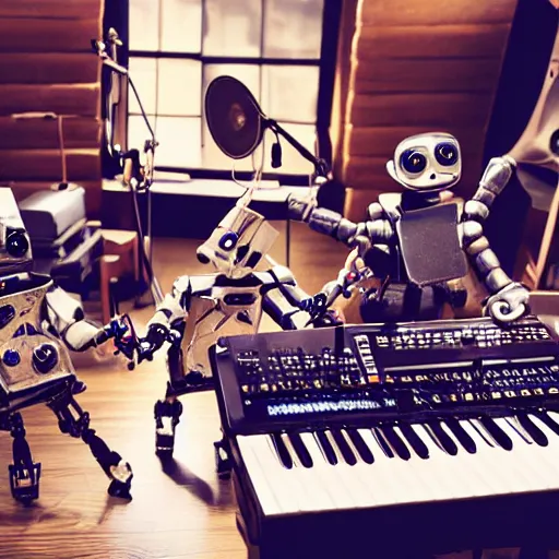 Prompt: jazz robots playing instruments in a studio, making a song