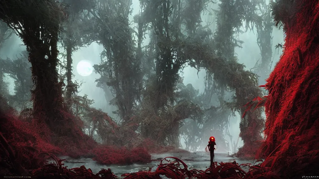 Prompt: a Photorealistic dramatic Matte painting,Looking through deep inside an Alien planets dense red forest there is a gigantic crashed spaceship,a lone astronaut in a white spacesuit with lights is exploring outside,hundreds of tall gigantic monster carnivorous Red Venus Flytrap plants and glowing bulbs,translucent wet and slimy plant life by Greg Rutkowski,Craig Mullins,James Paick,Fenghua Zhong,a misty haze,Beautiful dramatic dark moody nighttime lighting,Cinematic Atmosphere,Volumetric,Terragen,Octane Render,artstation,8k