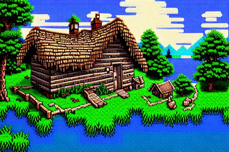 Image similar to view of a cottage above an azure lake, beautiful detailed pixelart by albertov in the style of quest for glory remake, intricate details, beautifully dithered gradients, volumetric lighting, cgsociety, artstation, 2 d