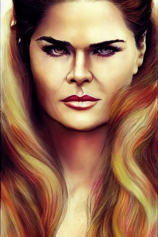 Image similar to mix of beautiful young maria shriver, mariel hemmingway, brooke shields, nicole kidman and elle macpherson as a boa constrictor, thin lips, hair tied up in a pony tail, dark blonde hair, colorful, artstation, cgsociety